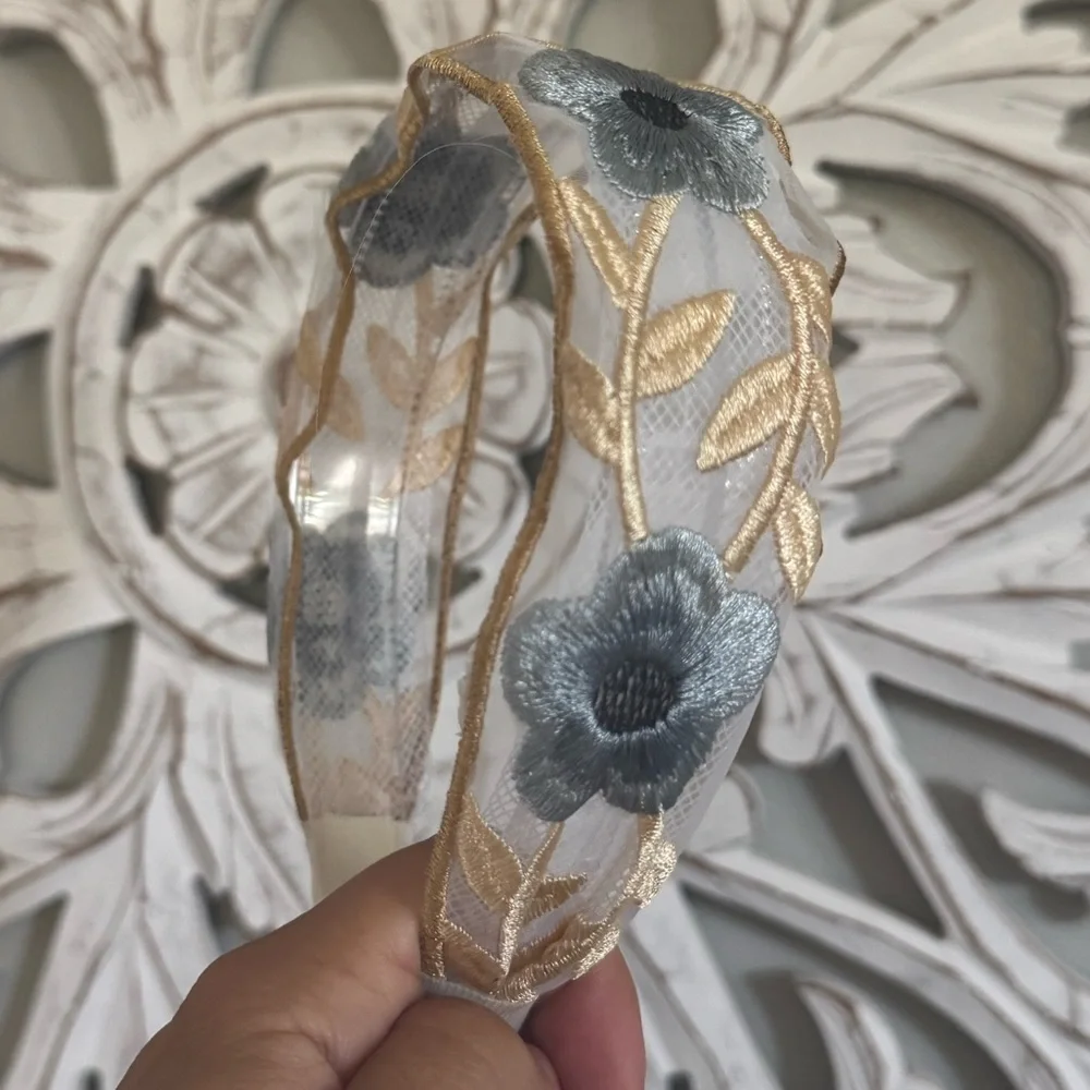 Blue Gold Embroidered Floral Headband Luxe Boutique Statement Hair Accessory